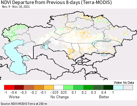 Kazakhstan NDVI Departure from Previous 8-days (Terra-MODIS) Thematic Map For 11/9/2021 - 11/16/2021