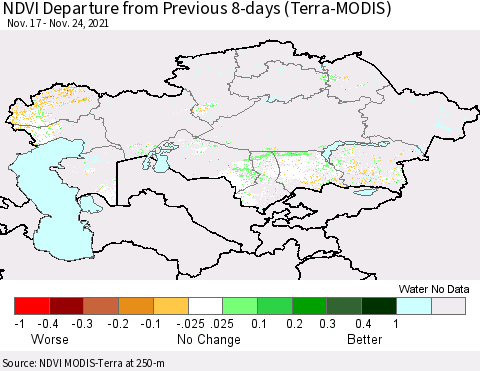 Kazakhstan NDVI Departure from Previous 8-days (Terra-MODIS) Thematic Map For 11/17/2021 - 11/24/2021