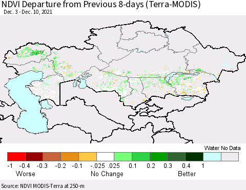 Kazakhstan NDVI Departure from Previous 8-days (Terra-MODIS) Thematic Map For 12/3/2021 - 12/10/2021