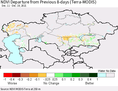 Kazakhstan NDVI Departure from Previous 8-days (Terra-MODIS) Thematic Map For 12/11/2021 - 12/18/2021
