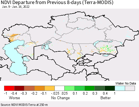 Kazakhstan NDVI Departure from Previous 8-days (Terra-MODIS) Thematic Map For 1/9/2022 - 1/16/2022
