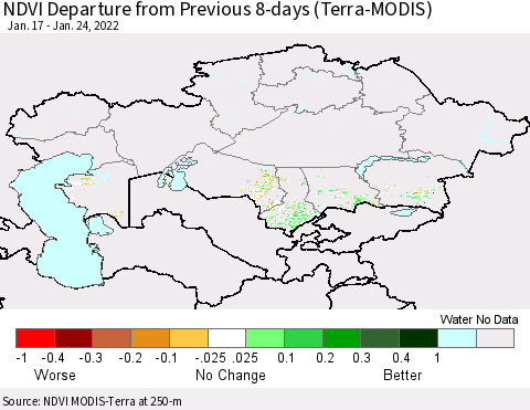 Kazakhstan NDVI Departure from Previous 8-days (Terra-MODIS) Thematic Map For 1/17/2022 - 1/24/2022