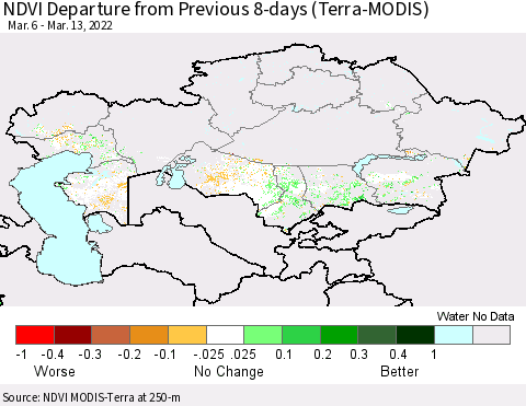 Kazakhstan NDVI Departure from Previous 8-days (Terra-MODIS) Thematic Map For 3/6/2022 - 3/13/2022