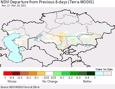 Kazakhstan NDVI Departure from Previous 8-days (Terra-MODIS) Thematic Map For 3/22/2022 - 3/29/2022