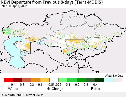 Kazakhstan NDVI Departure from Previous 8-days (Terra-MODIS) Thematic Map For 3/30/2022 - 4/6/2022