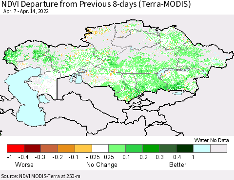 Kazakhstan NDVI Departure from Previous 8-days (Terra-MODIS) Thematic Map For 4/7/2022 - 4/14/2022