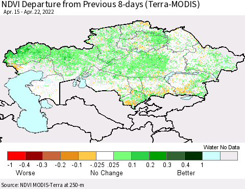 Kazakhstan NDVI Departure from Previous 8-days (Terra-MODIS) Thematic Map For 4/15/2022 - 4/22/2022