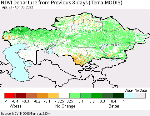 Kazakhstan NDVI Departure from Previous 8-days (Terra-MODIS) Thematic Map For 4/23/2022 - 4/30/2022