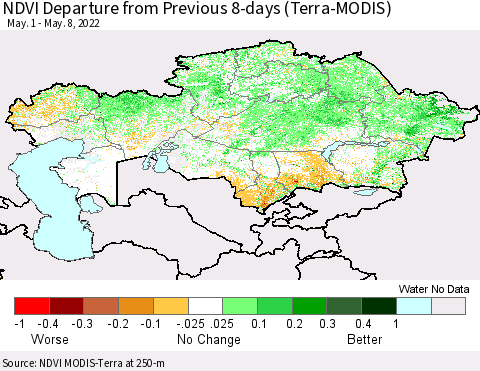 Kazakhstan NDVI Departure from Previous 8-days (Terra-MODIS) Thematic Map For 5/1/2022 - 5/8/2022