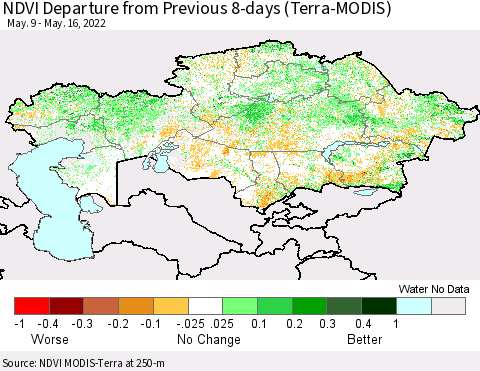 Kazakhstan NDVI Departure from Previous 8-days (Terra-MODIS) Thematic Map For 5/9/2022 - 5/16/2022