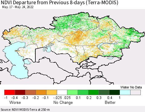 Kazakhstan NDVI Departure from Previous 8-days (Terra-MODIS) Thematic Map For 5/17/2022 - 5/24/2022