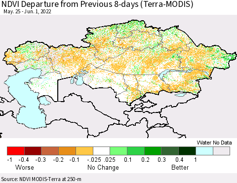 Kazakhstan NDVI Departure from Previous 8-days (Terra-MODIS) Thematic Map For 5/25/2022 - 6/1/2022