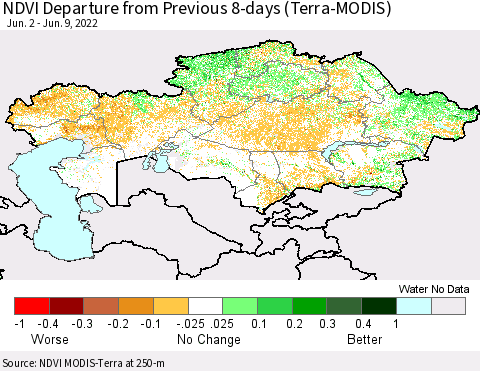 Kazakhstan NDVI Departure from Previous 8-days (Terra-MODIS) Thematic Map For 6/2/2022 - 6/9/2022