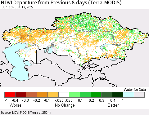 Kazakhstan NDVI Departure from Previous 8-days (Terra-MODIS) Thematic Map For 6/10/2022 - 6/17/2022