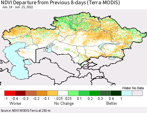 Kazakhstan NDVI Departure from Previous 8-days (Terra-MODIS) Thematic Map For 6/18/2022 - 6/25/2022