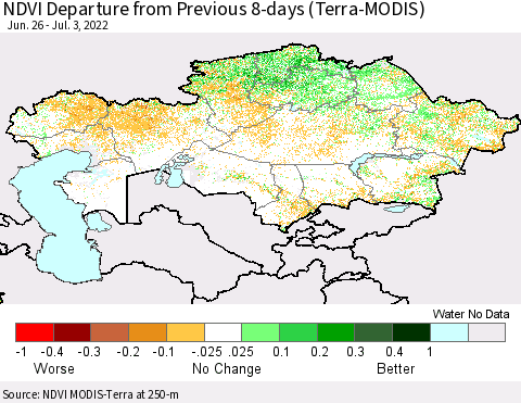 Kazakhstan NDVI Departure from Previous 8-days (Terra-MODIS) Thematic Map For 6/26/2022 - 7/3/2022