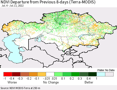 Kazakhstan NDVI Departure from Previous 8-days (Terra-MODIS) Thematic Map For 7/4/2022 - 7/11/2022