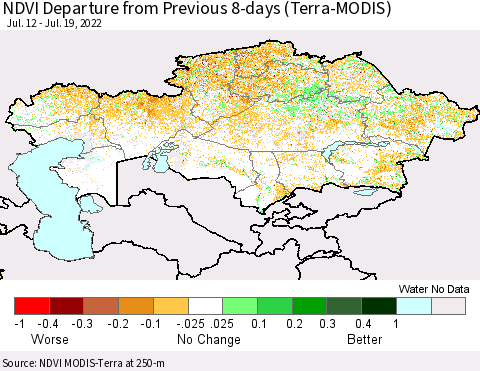 Kazakhstan NDVI Departure from Previous 8-days (Terra-MODIS) Thematic Map For 7/12/2022 - 7/19/2022