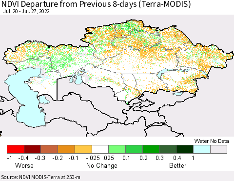 Kazakhstan NDVI Departure from Previous 8-days (Terra-MODIS) Thematic Map For 7/20/2022 - 7/27/2022