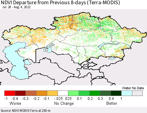 Kazakhstan NDVI Departure from Previous 8-days (Terra-MODIS) Thematic Map For 7/28/2022 - 8/4/2022