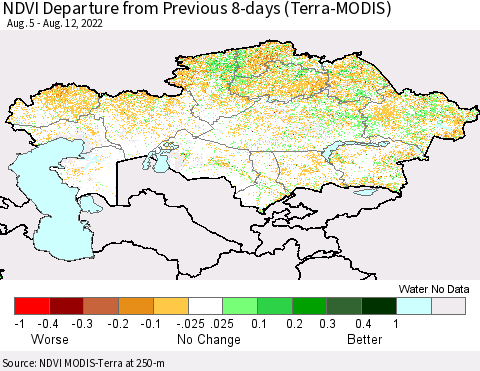 Kazakhstan NDVI Departure from Previous 8-days (Terra-MODIS) Thematic Map For 8/5/2022 - 8/12/2022