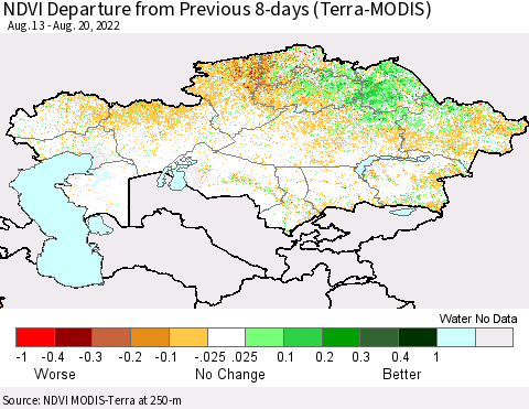 Kazakhstan NDVI Departure from Previous 8-days (Terra-MODIS) Thematic Map For 8/13/2022 - 8/20/2022