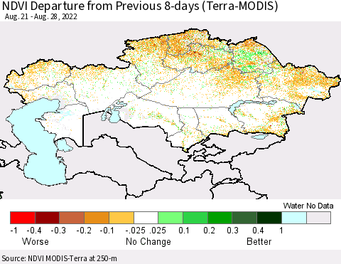Kazakhstan NDVI Departure from Previous 8-days (Terra-MODIS) Thematic Map For 8/21/2022 - 8/28/2022