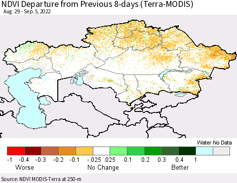 Kazakhstan NDVI Departure from Previous 8-days (Terra-MODIS) Thematic Map For 8/29/2022 - 9/5/2022