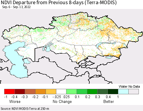 Kazakhstan NDVI Departure from Previous 8-days (Terra-MODIS) Thematic Map For 9/6/2022 - 9/13/2022