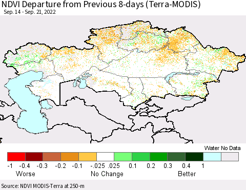 Kazakhstan NDVI Departure from Previous 8-days (Terra-MODIS) Thematic Map For 9/14/2022 - 9/21/2022