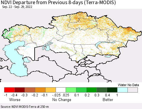 Kazakhstan NDVI Departure from Previous 8-days (Terra-MODIS) Thematic Map For 9/22/2022 - 9/29/2022