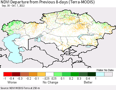 Kazakhstan NDVI Departure from Previous 8-days (Terra-MODIS) Thematic Map For 9/30/2022 - 10/7/2022