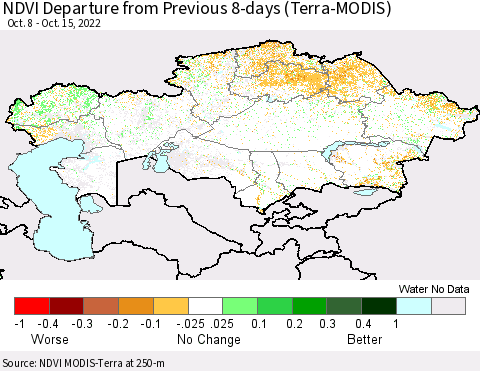Kazakhstan NDVI Departure from Previous 8-days (Terra-MODIS) Thematic Map For 10/8/2022 - 10/15/2022