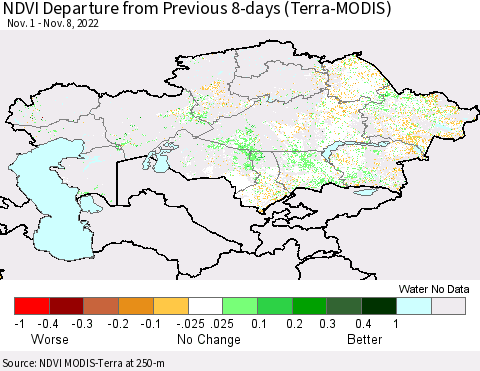 Kazakhstan NDVI Departure from Previous 8-days (Terra-MODIS) Thematic Map For 11/1/2022 - 11/8/2022