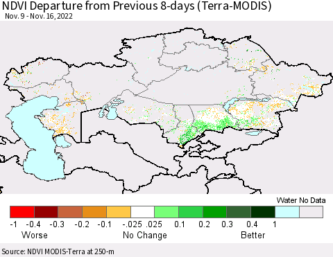 Kazakhstan NDVI Departure from Previous 8-days (Terra-MODIS) Thematic Map For 11/9/2022 - 11/16/2022
