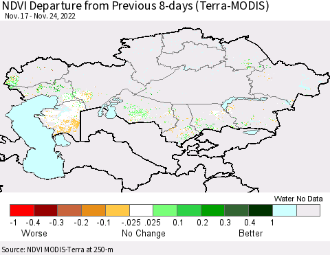 Kazakhstan NDVI Departure from Previous 8-days (Terra-MODIS) Thematic Map For 11/17/2022 - 11/24/2022
