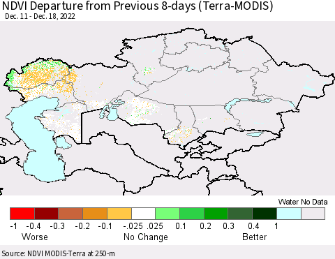 Kazakhstan NDVI Departure from Previous 8-days (Terra-MODIS) Thematic Map For 12/11/2022 - 12/18/2022