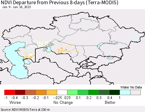 Kazakhstan NDVI Departure from Previous 8-days (Terra-MODIS) Thematic Map For 1/9/2023 - 1/16/2023