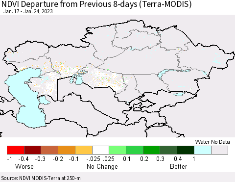 Kazakhstan NDVI Departure from Previous 8-days (Terra-MODIS) Thematic Map For 1/17/2023 - 1/24/2023