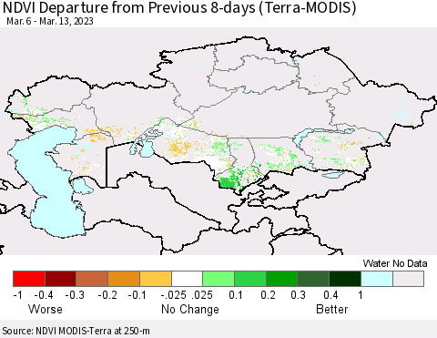 Kazakhstan NDVI Departure from Previous 8-days (Terra-MODIS) Thematic Map For 3/6/2023 - 3/13/2023