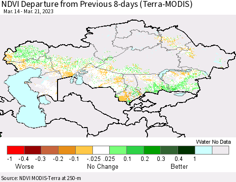 Kazakhstan NDVI Departure from Previous 8-days (Terra-MODIS) Thematic Map For 3/14/2023 - 3/21/2023