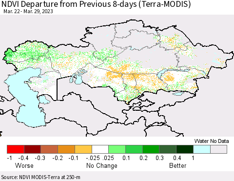 Kazakhstan NDVI Departure from Previous 8-days (Terra-MODIS) Thematic Map For 3/22/2023 - 3/29/2023