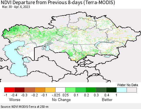 Kazakhstan NDVI Departure from Previous 8-days (Terra-MODIS) Thematic Map For 3/30/2023 - 4/6/2023
