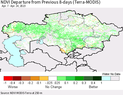 Kazakhstan NDVI Departure from Previous 8-days (Terra-MODIS) Thematic Map For 4/7/2023 - 4/14/2023