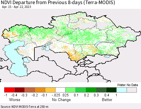 Kazakhstan NDVI Departure from Previous 8-days (Terra-MODIS) Thematic Map For 4/15/2023 - 4/22/2023