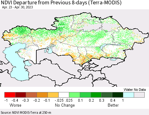 Kazakhstan NDVI Departure from Previous 8-days (Terra-MODIS) Thematic Map For 4/23/2023 - 4/30/2023