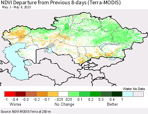 Kazakhstan NDVI Departure from Previous 8-days (Terra-MODIS) Thematic Map For 5/1/2023 - 5/8/2023