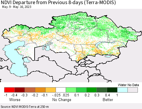 Kazakhstan NDVI Departure from Previous 8-days (Terra-MODIS) Thematic Map For 5/9/2023 - 5/16/2023