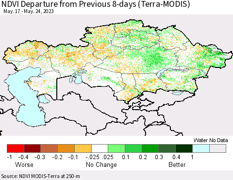 Kazakhstan NDVI Departure from Previous 8-days (Terra-MODIS) Thematic Map For 5/17/2023 - 5/24/2023