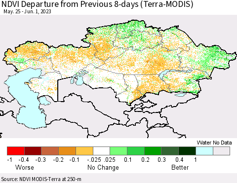Kazakhstan NDVI Departure from Previous 8-days (Terra-MODIS) Thematic Map For 5/25/2023 - 6/1/2023